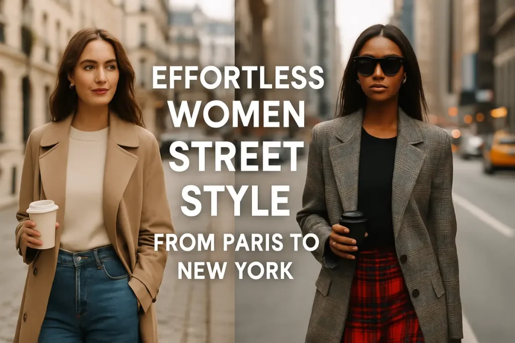 A landscape photograph of two fashion-forward women walking side by side: one in a beige trench coat on a Paris cobblestone street, the other in an oversized plaid blazer against a New York city backdrop, both holding coffee cups, with ample space above for a title overlay.