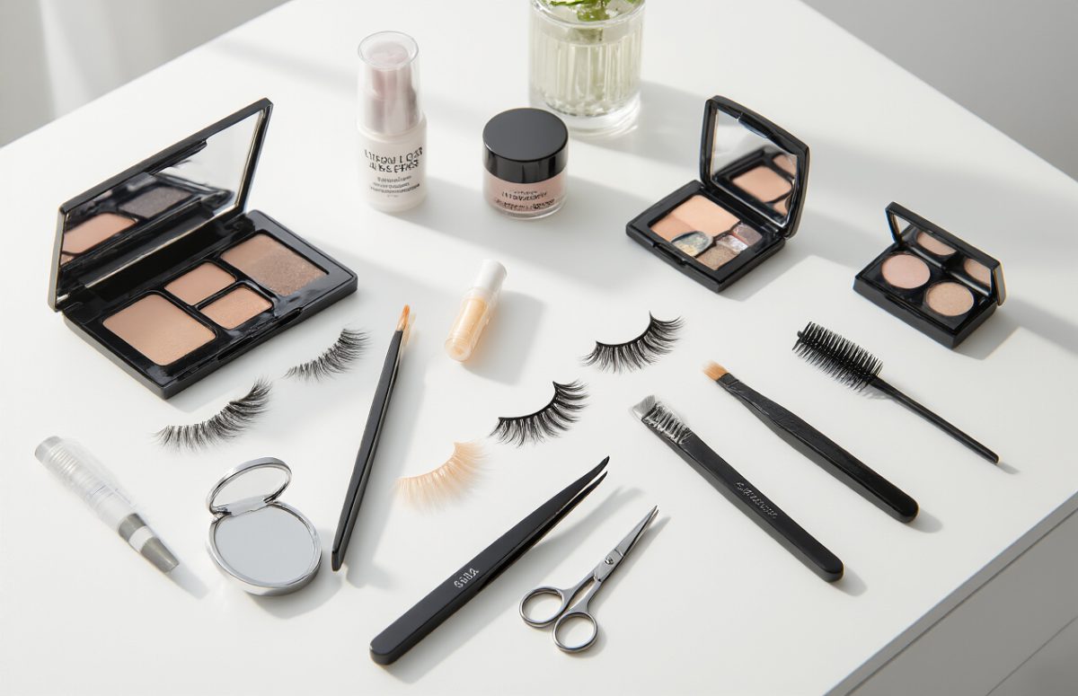 Create a realistic image of essential false lash application tools arranged neatly on a clean white vanity surface, including lash tweezers, lash glue, lash applicator, small scissors, mirror, lash curler, and a few sets of different false lashes, with soft beauty lighting highlighting the professional-quality products.