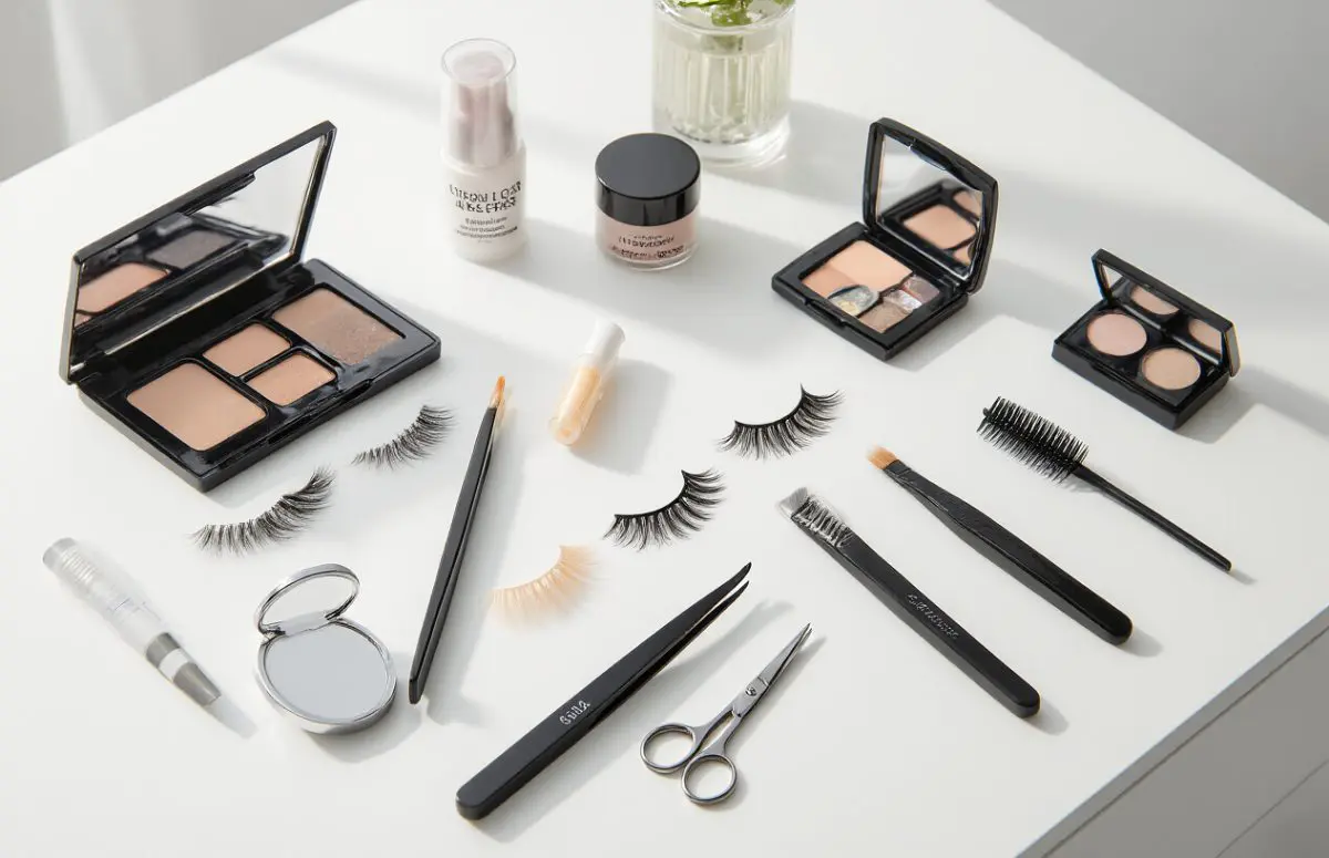 Create a realistic image of essential false lash application tools arranged neatly on a clean white vanity surface, including lash tweezers, lash glue, lash applicator, small scissors, mirror, lash curler, and a few sets of different false lashes, with soft beauty lighting highlighting the professional-quality products.