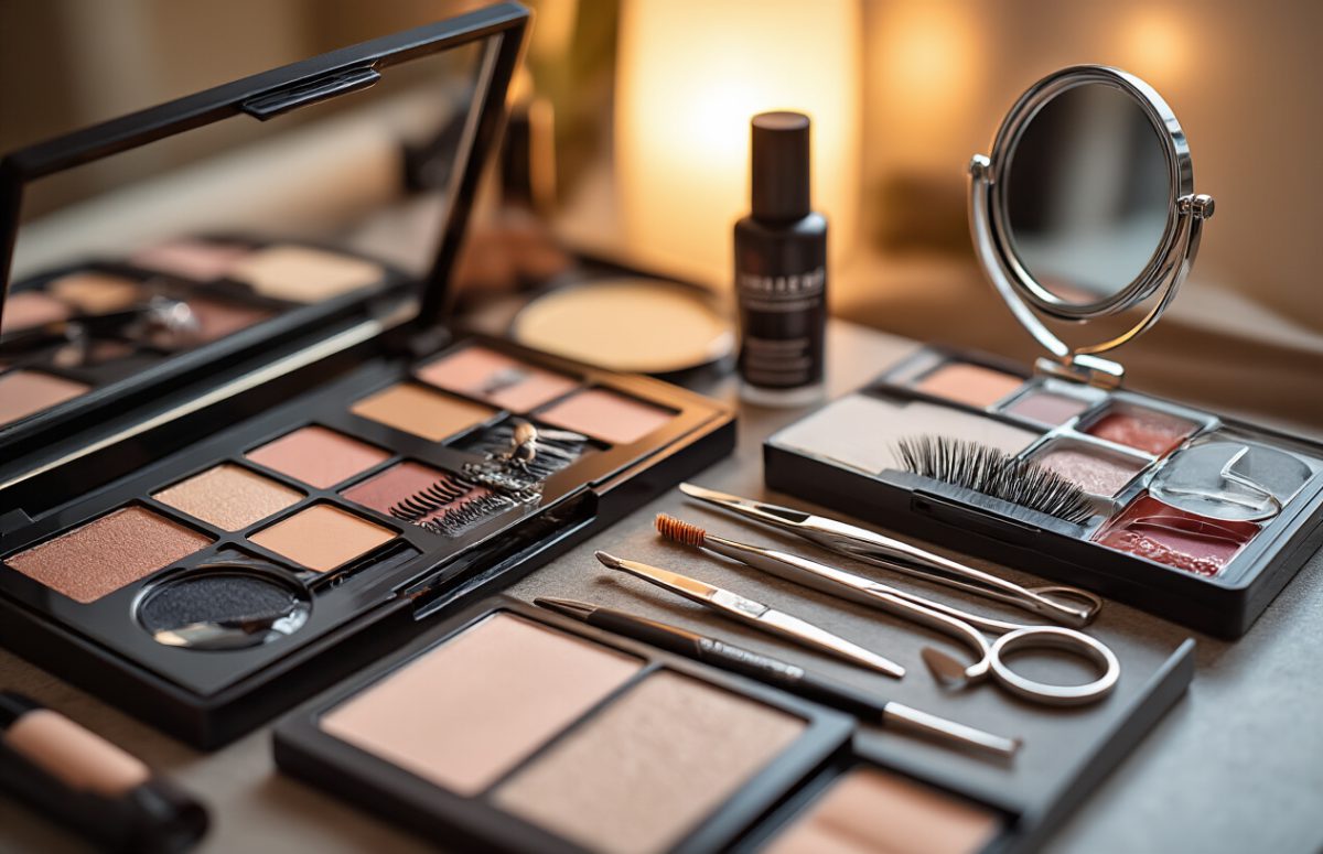 Create a realistic image of makeup tools neatly arranged on a vanity table, including eyelash curler, tweezers, false lashes in their packaging, lash glue, small scissors, and a handheld mirror, with warm lighting creating a professional beauty setup atmosphere.