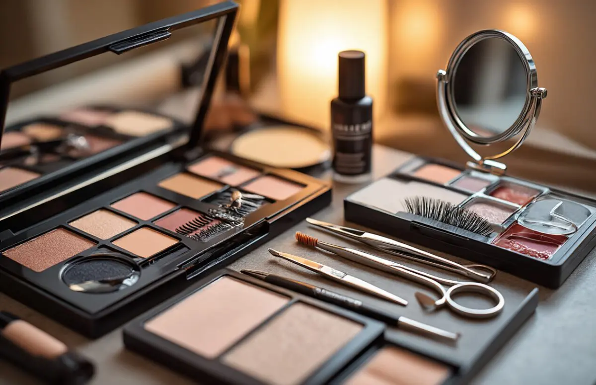 Create a realistic image of makeup tools neatly arranged on a vanity table, including eyelash curler, tweezers, false lashes in their packaging, lash glue, small scissors, and a handheld mirror, with warm lighting creating a professional beauty setup atmosphere.