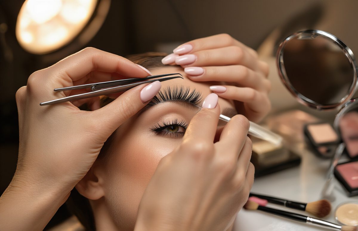 Create a realistic image of a close-up shot showing a pair of female hands with manicured nails carefully applying false eyelashes to a model's eye, with tweezers holding the lash band, adhesive visible nearby, a makeup mirror in soft focus in the background, warm professional lighting highlighting the precise placement technique, and makeup brushes arranged on a clean vanity surface.