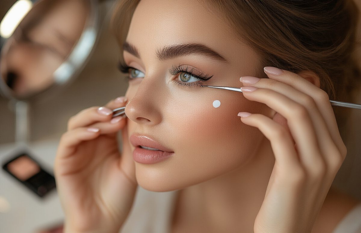 Create a realistic image of a close-up shot of a woman's hands delicately pressing false lashes onto her natural lash line, with tweezers visible in one hand and a small dot of lash glue being applied, showing the careful blending process where the false and natural lashes meet, with makeup tools and a mirror softly blurred in the background, warm soft lighting highlighting the precision work.