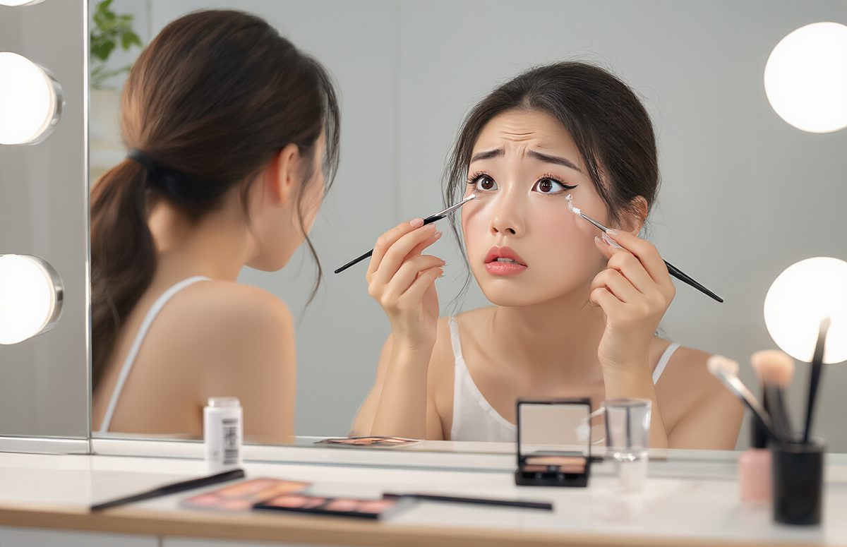 Create a realistic image of a young Asian woman in front of a mirror, looking slightly frustrated while fixing a partially detached false eyelash, with makeup tools scattered on a well-lit vanity table, tweezers in one hand and lash glue in the other, demonstrating common lash application problems that need troubleshooting.