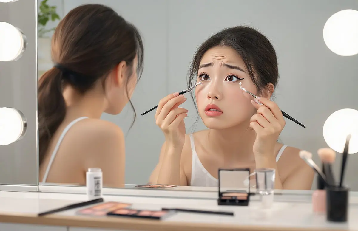 Create a realistic image of a young Asian woman in front of a mirror, looking slightly frustrated while fixing a partially detached false eyelash, with makeup tools scattered on a well-lit vanity table, tweezers in one hand and lash glue in the other, demonstrating common lash application problems that need troubleshooting.