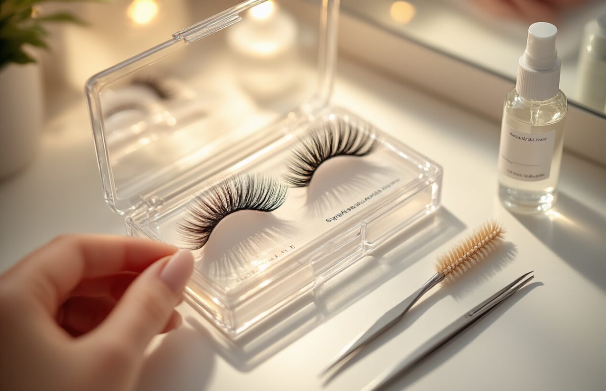 Create a realistic image of a set of clean false eyelashes being carefully placed on a clear storage case, with a small bottle of eyelash cleanser, a spoolie brush, and tweezers arranged neatly beside it on a white vanity table, warm soft lighting highlighting the delicate lashes, suggesting proper care and maintenance.