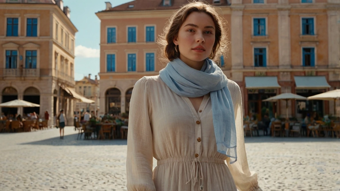 Modest summer outfits featuring a linen maxi dress and chiffon scarf worn by a stylish young woman in a sunny European city.