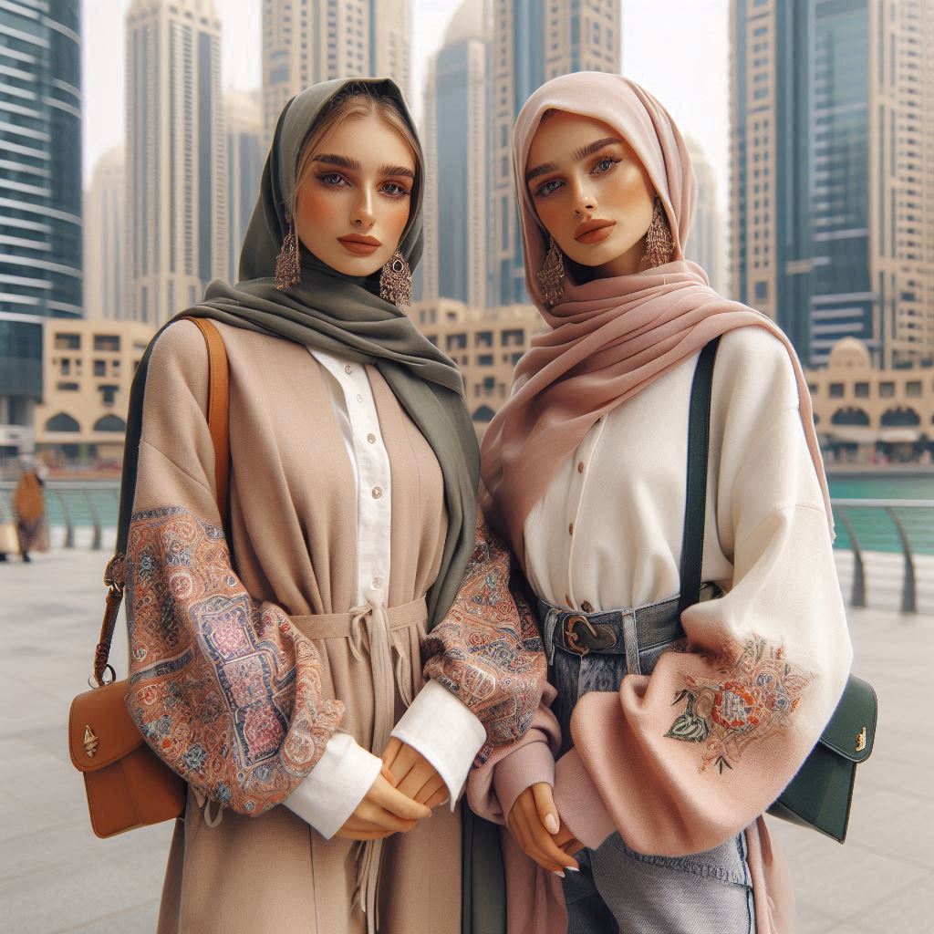 Two Gen Z women in Dubai wearing modest yet trendy streetwear with cultural and modern fusion – Dubai Gen Z fashion trends