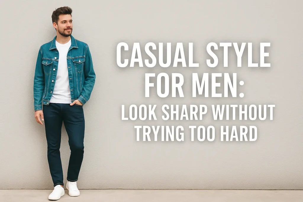 Casual style for men — young man wearing a denim jacket, white T-shirt, dark jeans, and white sneakers, leaning casually against a beige wall.
