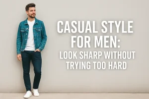 Casual style for men — young man wearing a denim jacket, white T-shirt, dark jeans, and white sneakers, leaning casually against a beige wall.