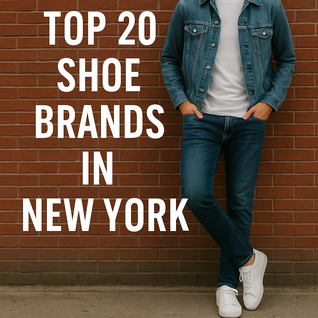 Top 20 shoe brands in New York — casually dressed man in denim jacket, white T-shirt, jeans, and white sneakers leaning against a red brick wall.